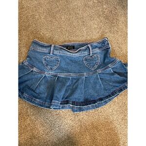 Sweet Society Denim Mini Skirt Womens L Blue Excellent Heart Pocket Pleated Y2K